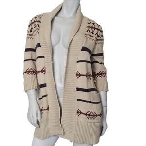 Bob Timberlake SZ Medium Cardigan Sweater Tan Scandinavian Print 3/4 Sleeve